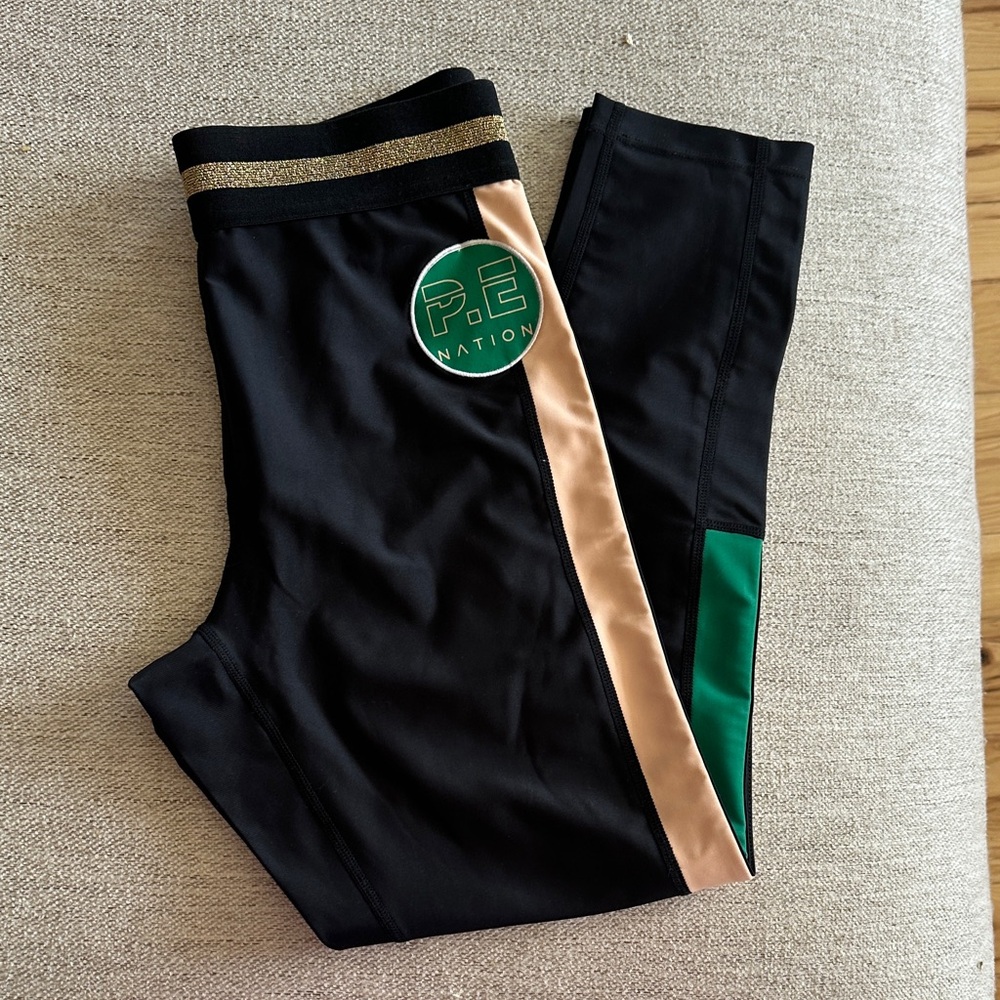P.E Nation Black Leggings with Green and Gold Details